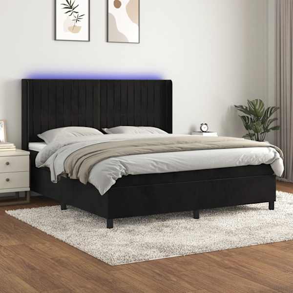 LED-valgustusega kontinentaalvoodi koos madratsiga, must, 160 × 200 cm, samet — mudel 3139693