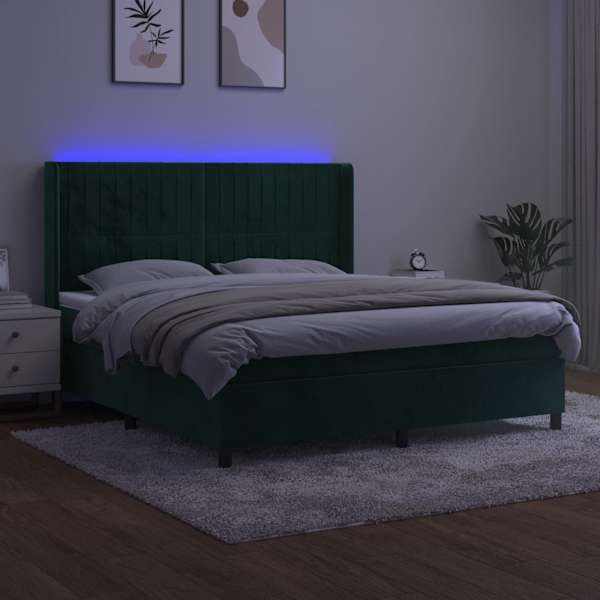 LED-valgustusega kontinentaalvoodi koos madratsiga, tumeroheline, 160 × 200 cm, samet — mudel 3139694