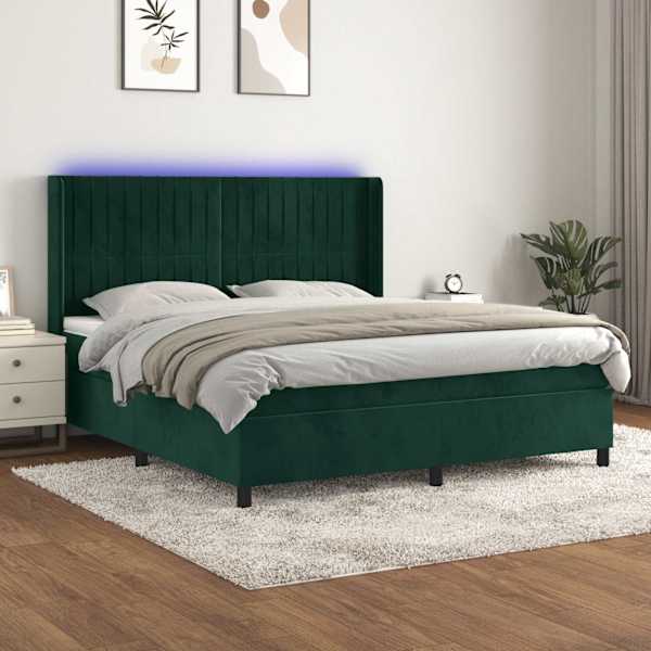 LED-valgustusega kontinentaalvoodi koos madratsiga, tumeroheline, 160 × 200 cm, samet — mudel 3139694