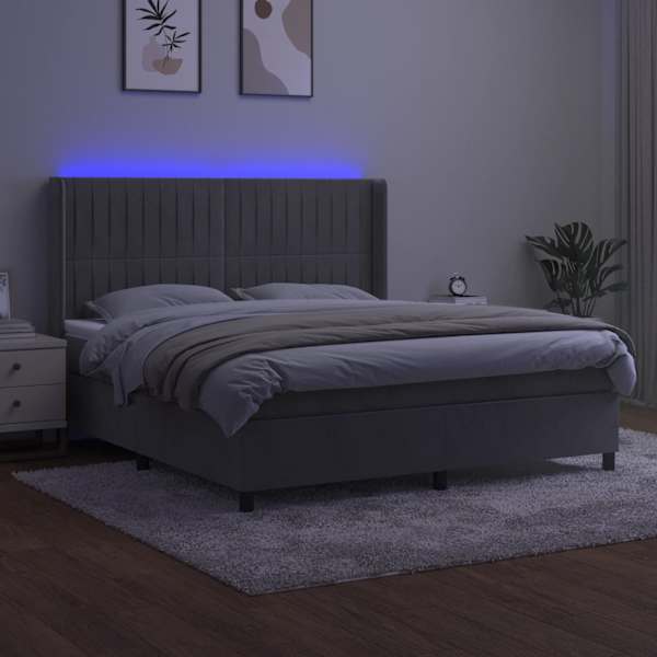 LED-valgustusega kontinentaalvoodi koos madratsiga, helehall, 180 × 200 cm, samet — mudel 3139697