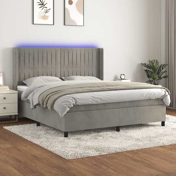 LED-valgustusega kontinentaalvoodi koos madratsiga, helehall, 180 × 200 cm, samet — mudel 3139697