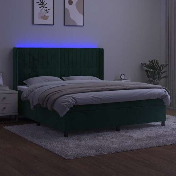LED-valgustusega kontinentaalvoodi koos madratsiga, tumeroheline, 180 × 200 cm, samet — mudel 3139700