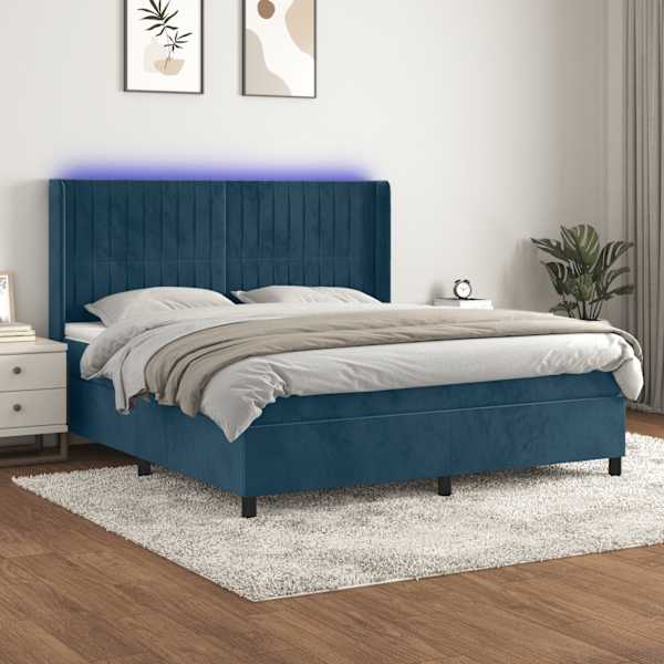 LED-valgustusega kontinentaalvoodi koos madratsiga, tumesinine, 180 × 200 cm, samet — mudel 3139701
