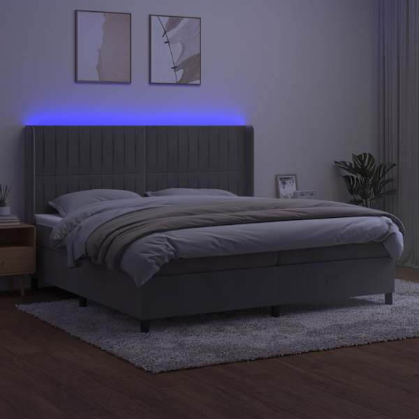 LED-valgustusega kontinentaalvoodi koos 2 madratsiga, helehall, 200 × 200 cm, samet — mudel 3139703