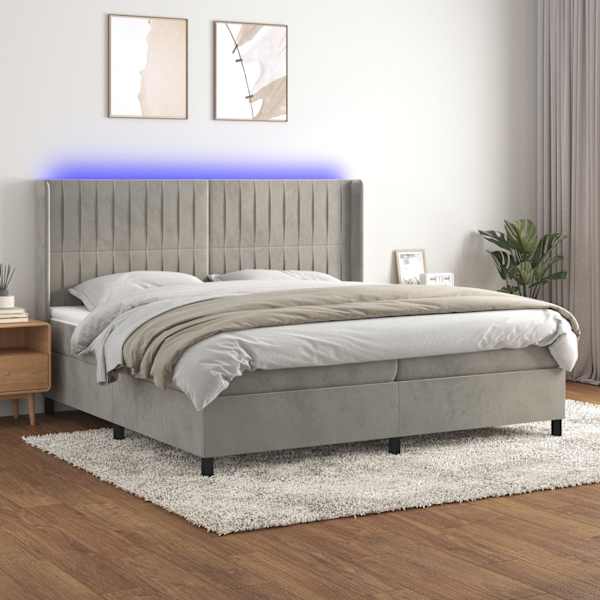 LED-valgustusega kontinentaalvoodi koos 2 madratsiga, helehall, 200 × 200 cm, samet — mudel 3139703