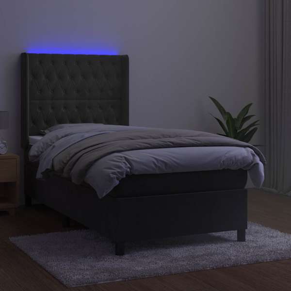 LED-valgustusega kontinentaalvoodi koos madratsiga, tumehall, 90 × 190 cm, samet — mudel 3139716