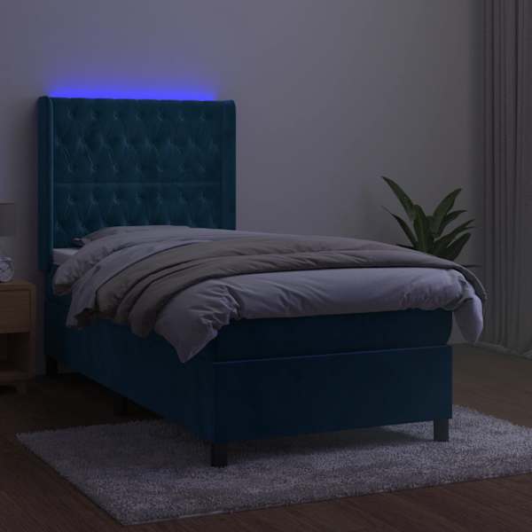 LED-valgustusega kontinentaalvoodi koos madratsiga, tumesinine, 90 × 190 cm, samet — mudel 3139719