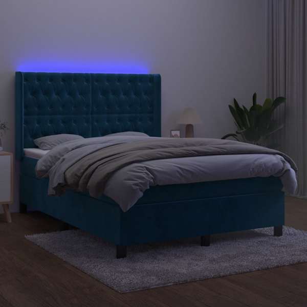 LED-valgustusega kontinentaalvoodi koos madratsiga, tumesinine, 140 × 200 cm, samet — mudel 3139749