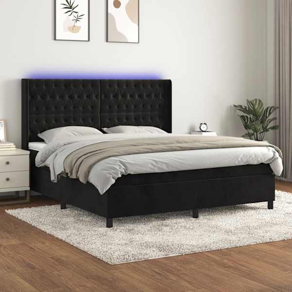 LED-valgustusega kontinentaalvoodi koos madratsiga, must, 160 × 200 cm, samet — mudel 3139753