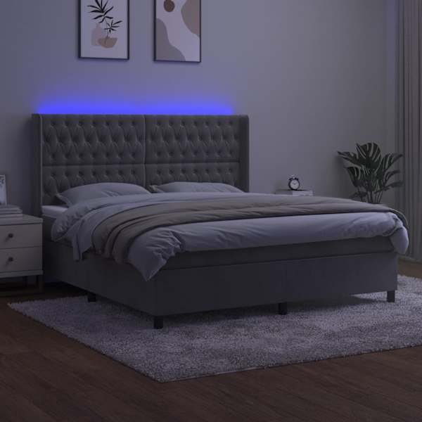 LED-valgustusega kontinentaalvoodi koos madratsiga, helehall, 180 × 200 cm, samet — mudel 3139757