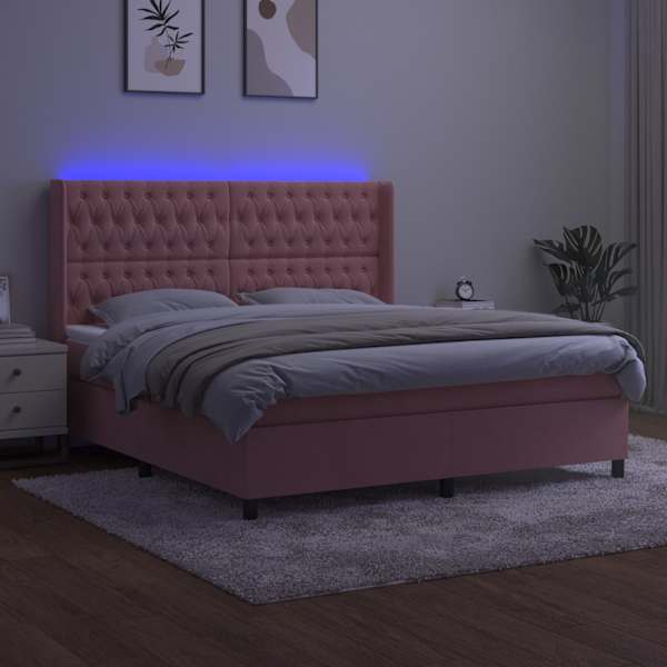 LED-valgustusega kontinentaalvoodi koos madratsiga, roosa, 180 × 200 cm, samet — mudel 3139762