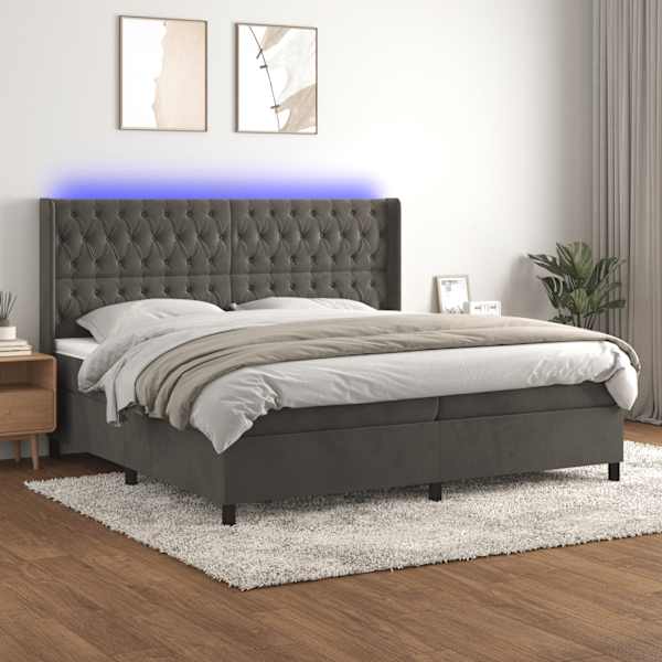 LED-valgustusega kontinentaalvoodi koos 2 madratsiga, tumehall, 200 × 200 cm, samet — mudel 3139764