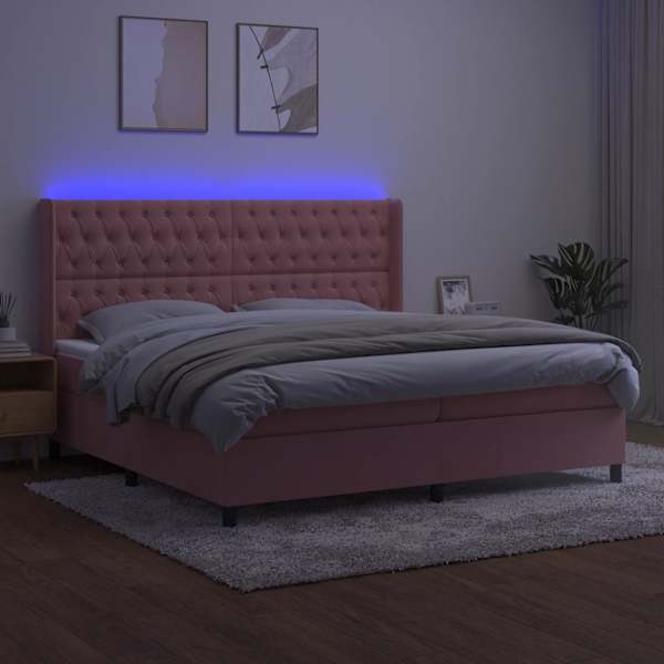 LED-valgustusega kontinentaalvoodi koos 2 madratsiga, roosa, 200 × 200 cm, samet — mudel 3139768