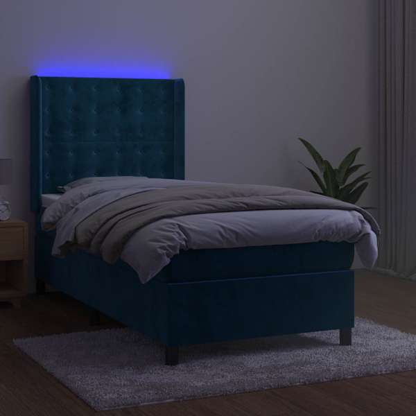 LED-valgustusega kontinentaalvoodi koos madratsiga, tumesinine, 90 × 190 cm, samet — mudel 3139779