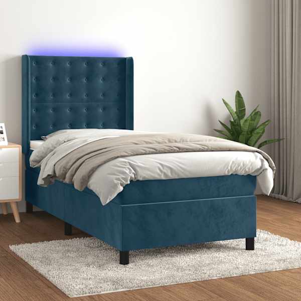 LED-valgustusega kontinentaalvoodi koos madratsiga, tumesinine, 90 × 190 cm, samet — mudel 3139779
