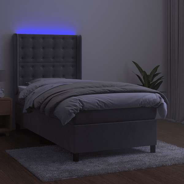 LED-valgustusega kontinentaalvoodi koos madratsiga, helehall, 90 × 200 cm, samet — mudel 3139781