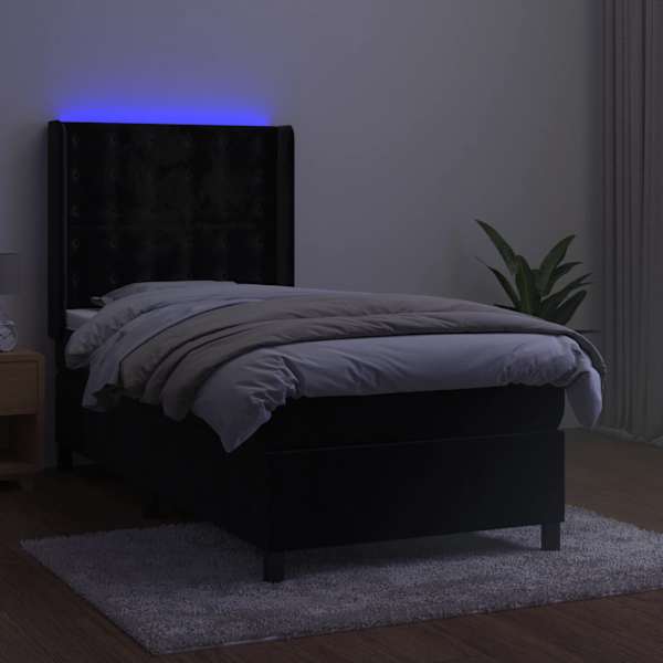 LED-valgustusega kontinentaalvoodi koos madratsiga, must, 100 × 200 cm, samet — mudel 3139789
