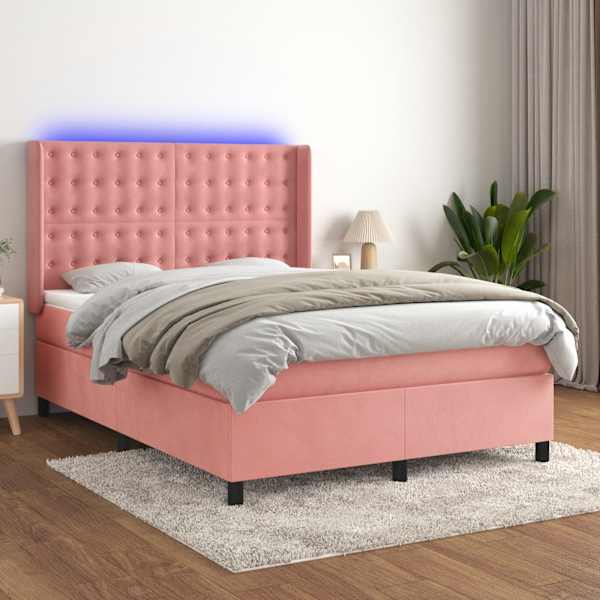LED-valgustusega kontinentaalvoodi koos madratsiga, roosa, 140 × 190 cm, samet — mudel 3139804