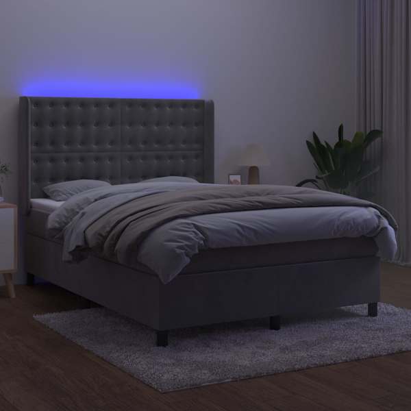 LED-valgustusega kontinentaalvoodi koos madratsiga, helehall, 140 × 200 cm, samet — mudel 3139805
