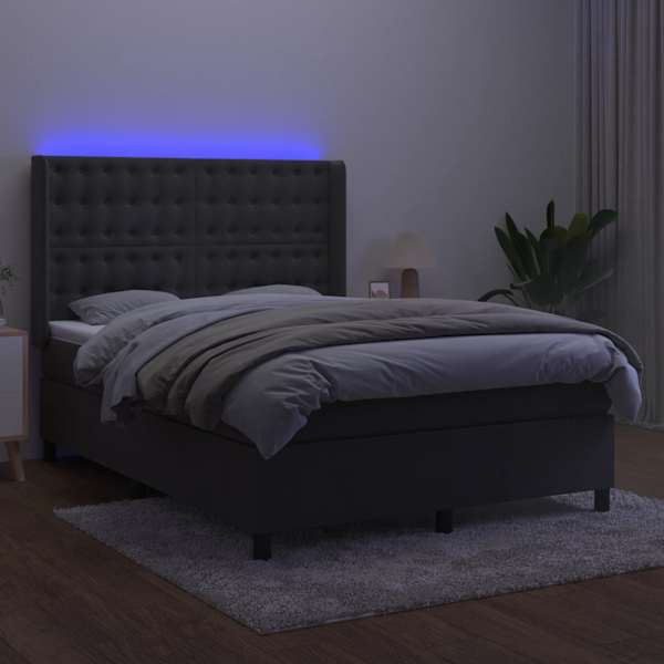 LED-valgustusega kontinentaalvoodi koos madratsiga, tumehall, 140 × 200 cm, samet — mudel 3139806