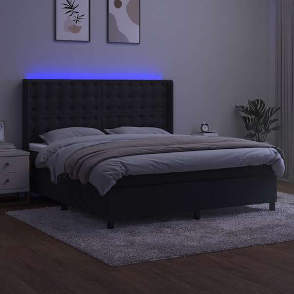 LED-valgustusega kontinentaalvoodi koos madratsiga, must, 160 × 200 cm, samet — mudel 3139813