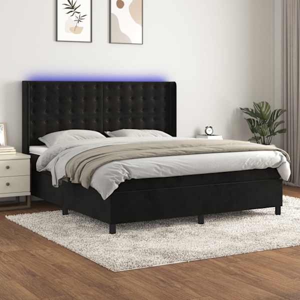 LED-valgustusega kontinentaalvoodi koos madratsiga, must, 160 × 200 cm, samet — mudel 3139813