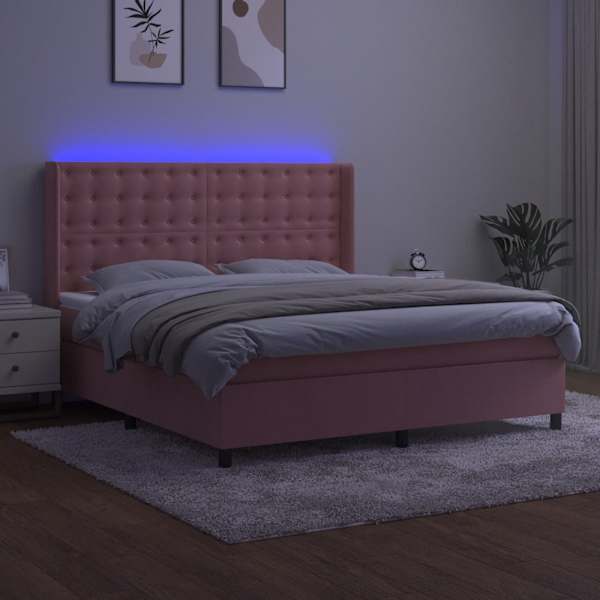 LED-valgustusega kontinentaalvoodi koos madratsiga, roosa, 160 × 200 cm, samet — mudel 3139816