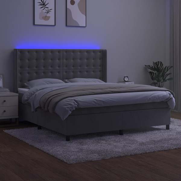 LED-valgustusega kontinentaalvoodi koos madratsiga, helehall, 180 × 200 cm, samet — mudel 3139817