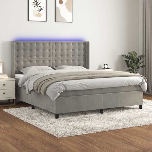 LED-valgustusega kontinentaalvoodi koos madratsiga, helehall, 180 × 200 cm, samet — mudel 3139817