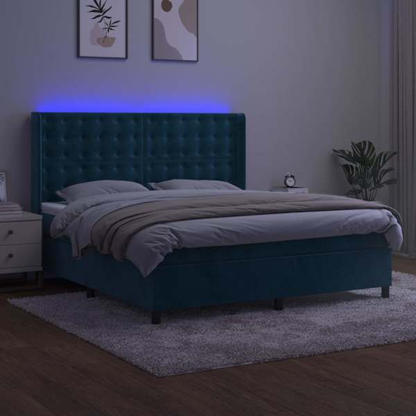 LED-valgustusega kontinentaalvoodi koos madratsiga, tumesinine, 180 × 200 cm, samet — mudel 3139821