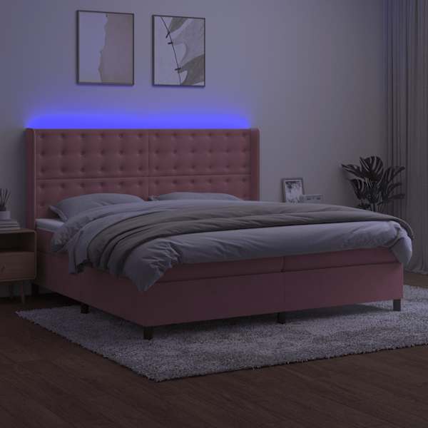 LED-valgustusega kontinentaalvoodi koos 2 madratsiga, roosa, 200 × 200 cm, samet — mudel 3139828