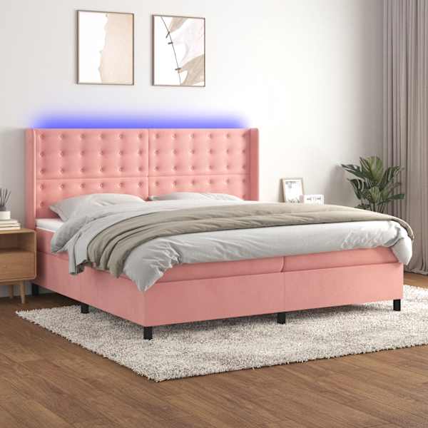 LED-valgustusega kontinentaalvoodi koos 2 madratsiga, roosa, 200 × 200 cm, samet — mudel 3139828