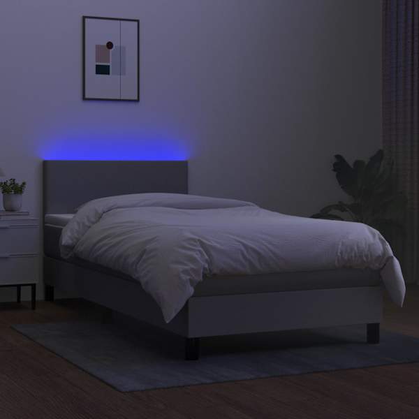 LED-valgustusega kontinentaalvoodi koos madratsiga, helehall, 90 × 190 cm, kangas — mudel 3132957