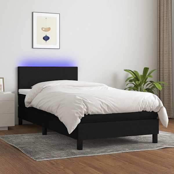 LED-valgustusega kontinentaalvoodi koos madratsiga, must, 90 × 200 cm, kangas — mudel 3132967