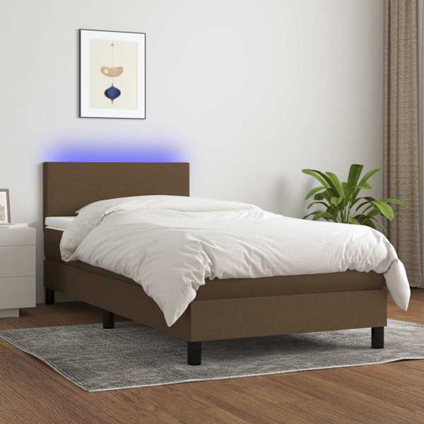 LED-valgustusega kontinentaalvoodi koos madratsiga, tumepruun, 90 × 200 cm, kangas — mudel 3132968