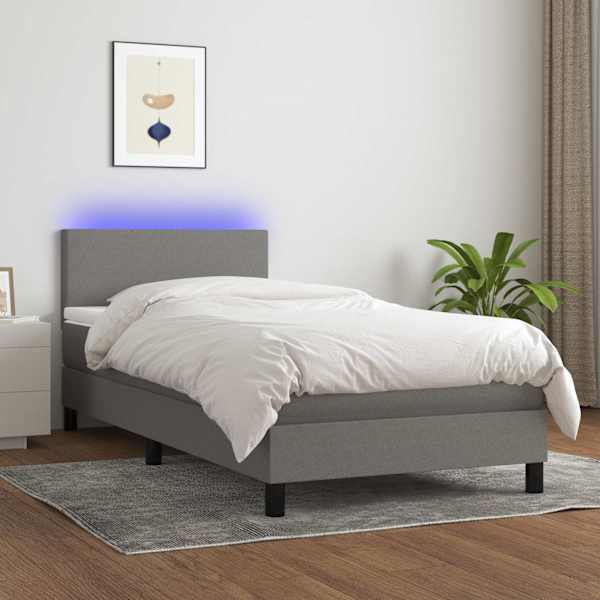 LED-valgustusega kontinentaalvoodi koos madratsiga, tumehall, 100 × 200 cm, kangas — mudel 3132974