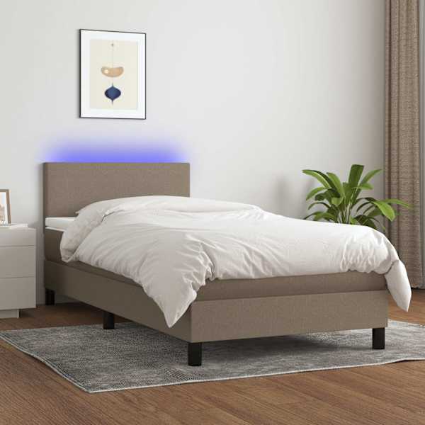 LED-valgustusega kontinentaalvoodi koos madratsiga, pruunikashall, 100 × 200 cm, kangas — mudel 3132977