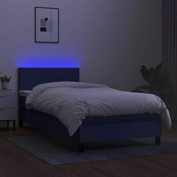 LED-valgustusega kontinentaalvoodi koos madratsiga, sinine, 100 × 200 cm, kangas — mudel 3132979