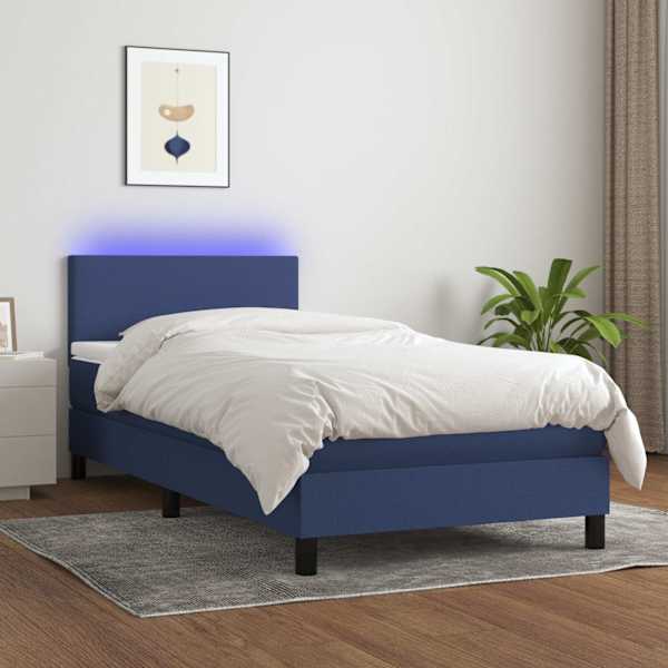 LED-valgustusega kontinentaalvoodi koos madratsiga, sinine, 100 × 200 cm, kangas — mudel 3132979