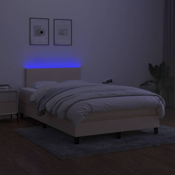 LED-valgustusega kontinentaalvoodi koos madratsiga, kreemjasvalge, 120 × 200 cm, kangas — mudel 3132986