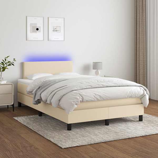 LED-valgustusega kontinentaalvoodi koos madratsiga, kreemjasvalge, 120 × 200 cm, kangas — mudel 3132986