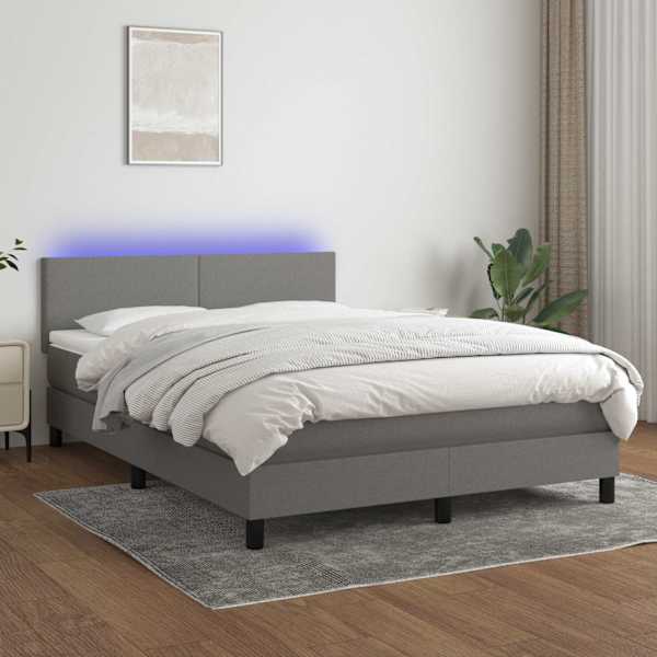 LED-valgustusega kontinentaalvoodi koos madratsiga, tumehall, 140 × 190 cm, kangas — mudel 3132990