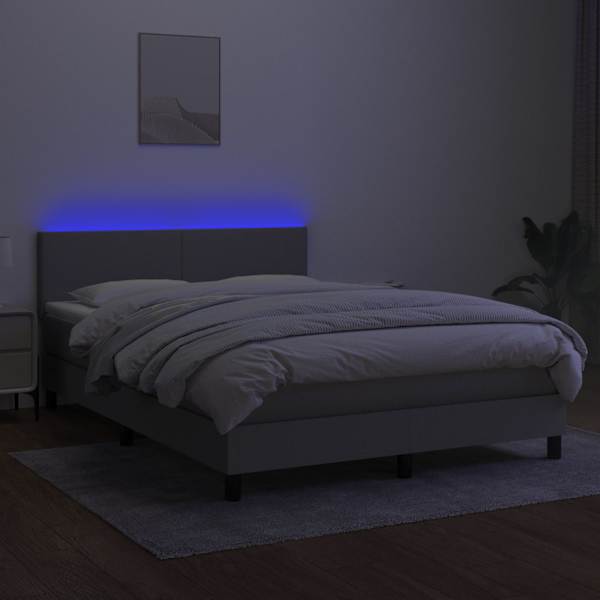 LED-valgustusega kontinentaalvoodi koos madratsiga, helehall, 140 × 200 cm, kangas — mudel 3132997
