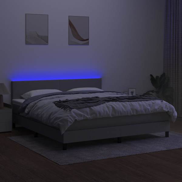 LED-valgustusega kontinentaalvoodi koos madratsiga, helehall, 160 × 200 cm, kangas — mudel 3133005