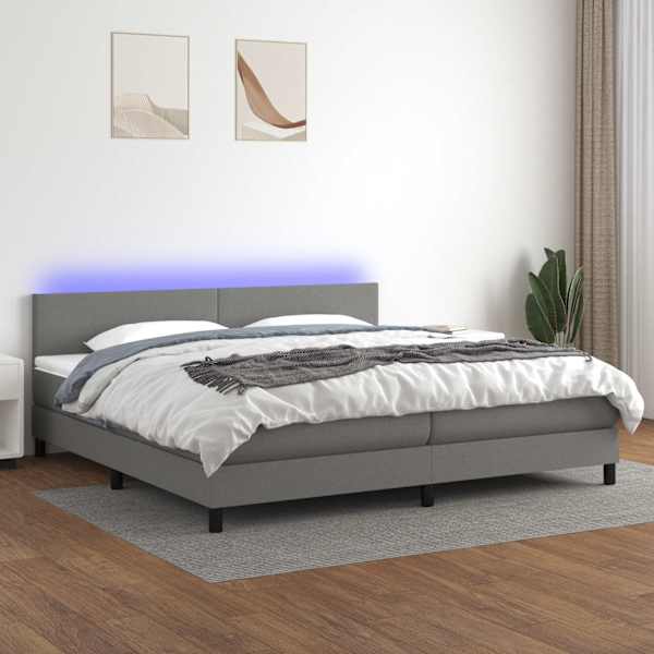 LED-valgustusega kontinentaalvoodi koos 2 madratsiga, tumehall, 200 × 200 cm, kangas — mudel 3133022