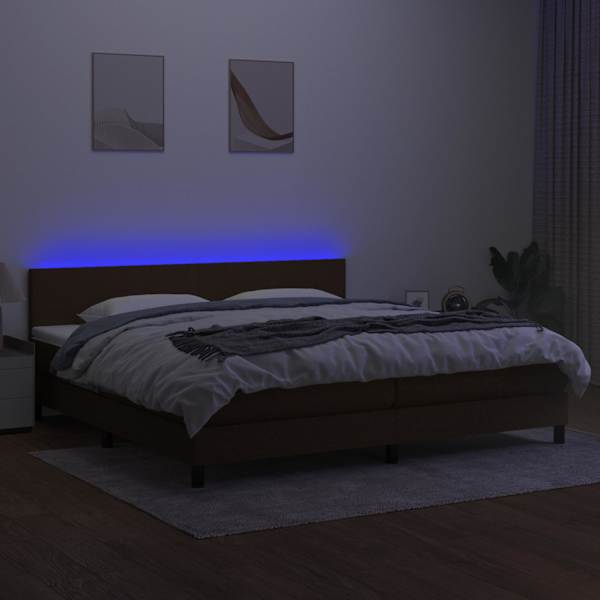 LED-valgustusega kontinentaalvoodi koos 2 madratsiga, tumepruun, 200 × 200 cm, kangas — mudel 3133024