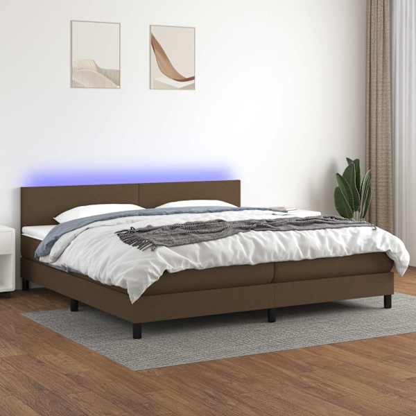 LED-valgustusega kontinentaalvoodi koos 2 madratsiga, tumepruun, 200 × 200 cm, kangas — mudel 3133024
