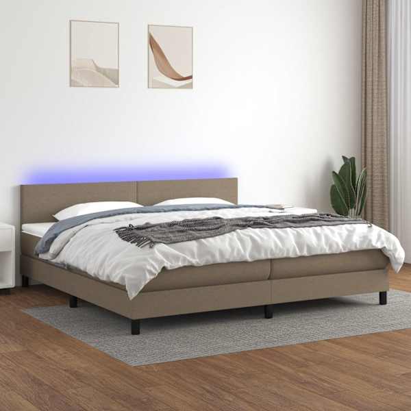 LED-valgustusega kontinentaalvoodi koos 2 madratsiga, pruunikashall, 200 × 200 cm, kangas — mudel 3133025