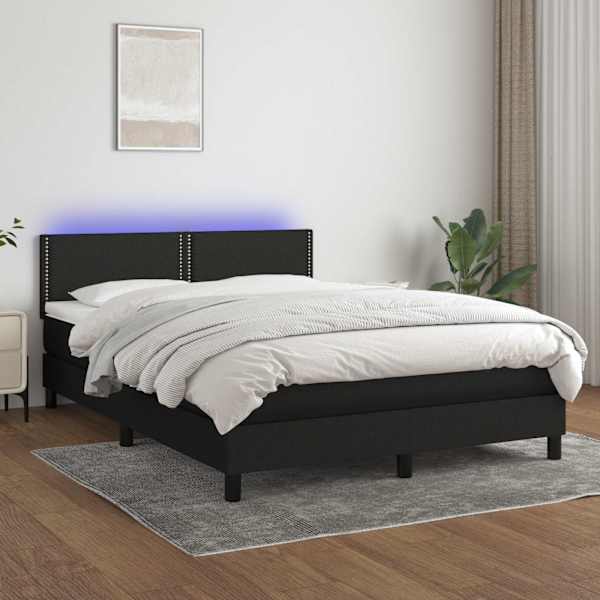LED-valgustusega kontinentaalvoodi koos madratsiga, must, 140 × 190 cm, kangas — mudel 3133071