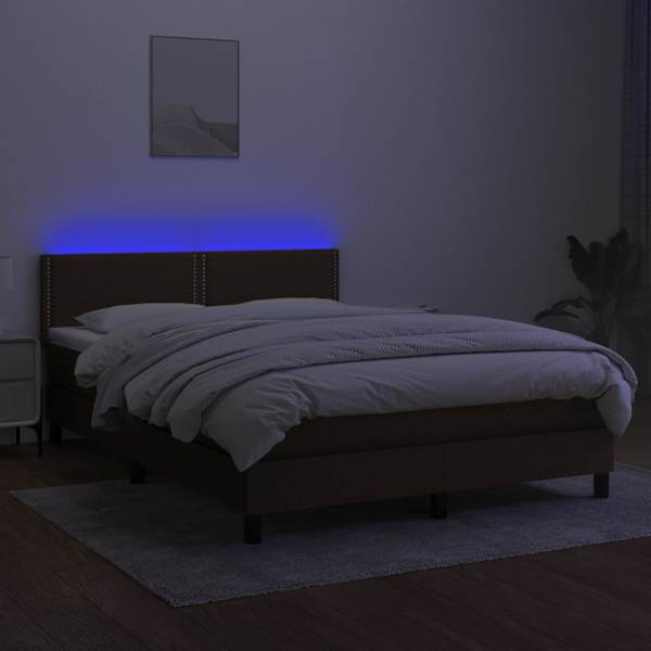 LED-valgustusega kontinentaalvoodi koos madratsiga, tumepruun, 140 × 190 cm, kangas — mudel 3133072